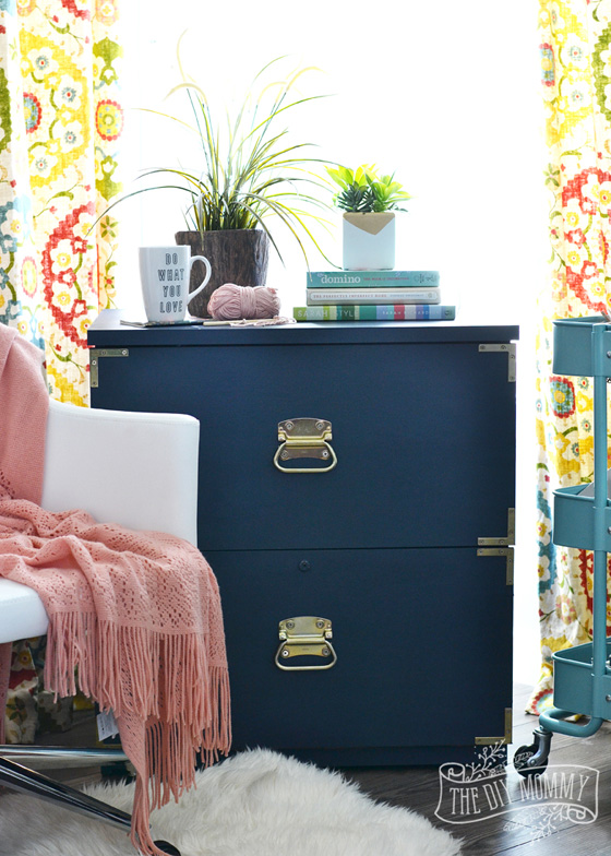 Turquoise and brass file cabinet from DIY Mommy